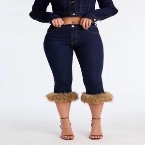 Fashion Nova Dark Blue Cropped Jeans with Faux Fur Trim